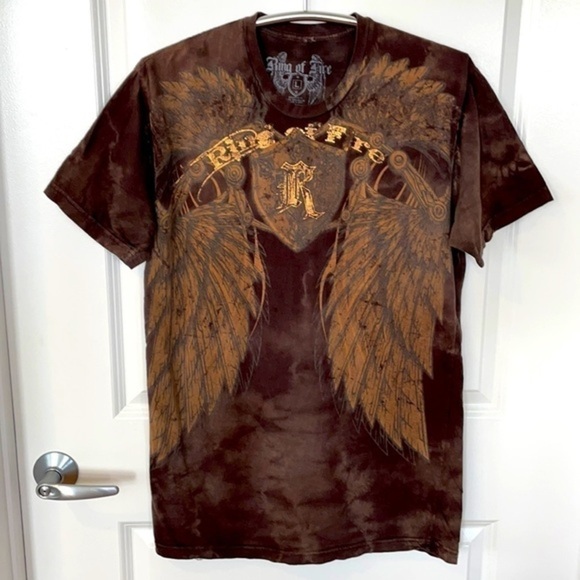 RING OF FIRE | Men’s ROF Angel Wings Graphic Faded Brown Shirt Size Large - Picture 3 of 7